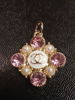 CC Gold-Tone Pink Crystal & Pearl Logo Charm Pendant